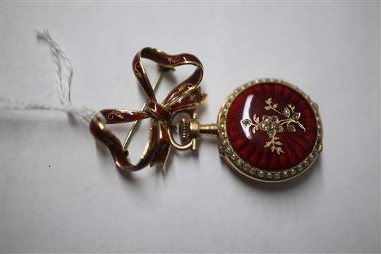 A 19th century Swiss 18ct gold, red guilloche enamel, diamond and seed peal set fob watch, overall 54mm.